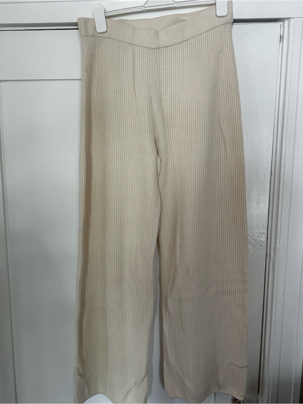 Women's Ribbed Knit Wide-Leg Pants - Cream Large Tall